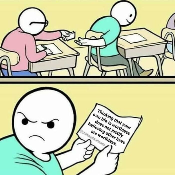 Cartoon showing a student cheating on a test, holding a philosophical meme about the worth of life, humor and deep thought combined.