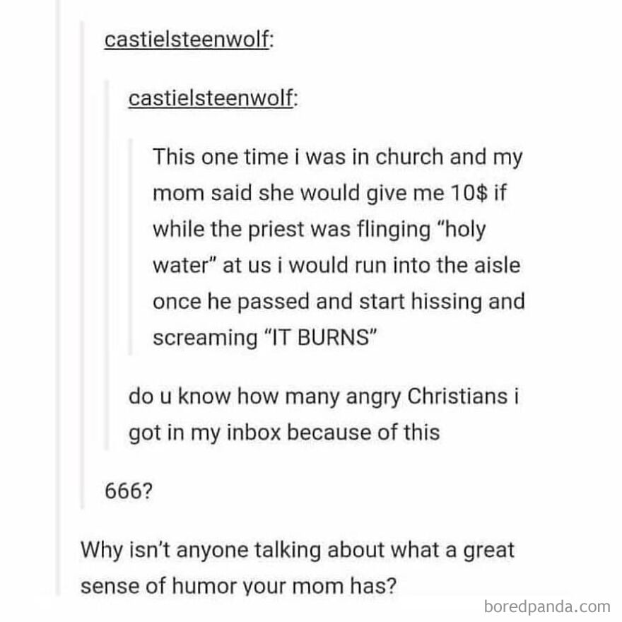 Funny text post about a mom’s prank with holy water, part of totally true stories that happened shared online.