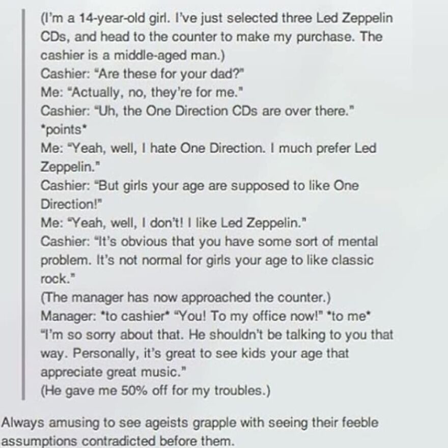 A 14-year-old defies age stereotypes by choosing Led Zeppelin CDs, sparking a manager’s support in a true story.
