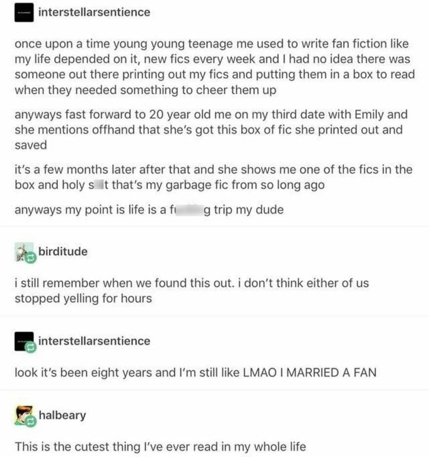 Tumblr conversation sharing a totally true story about fan fiction and marriage from unexpected discoveries.