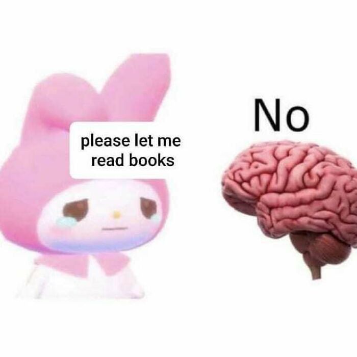 Cute character asking to read books with a brain replying no, a philosophical meme blending humor and thought.