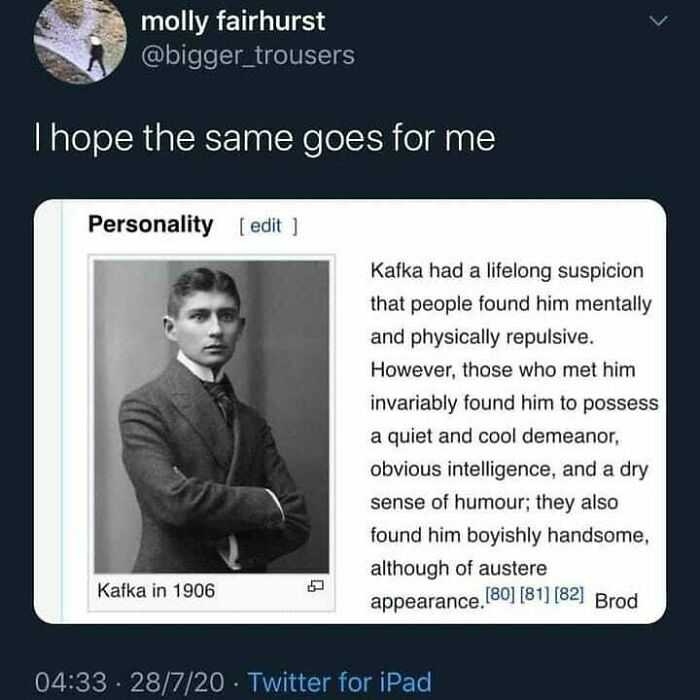 Twitter post with a philosophical meme about Kafka’s personality, blending humor and thoughtful reflection on human perception.