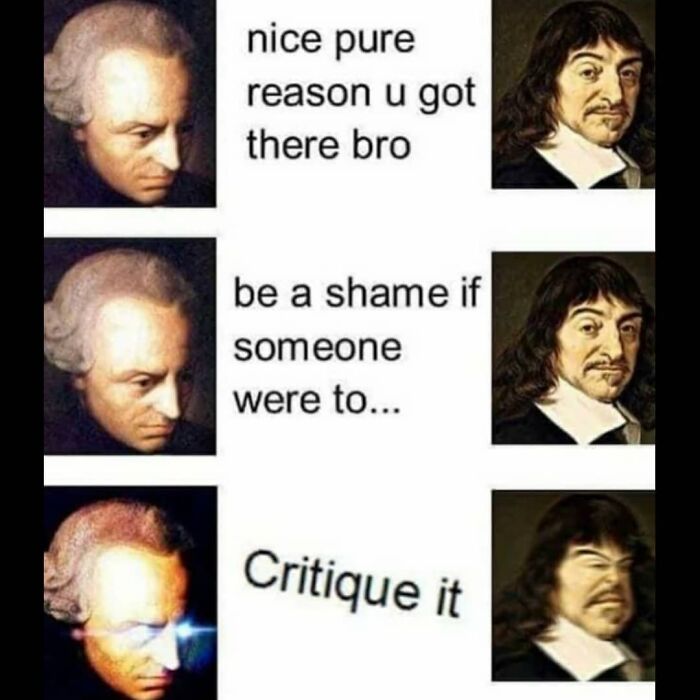 Philosophical meme showing Kant and Descartes with text critiquing pure reason in a humorous way.