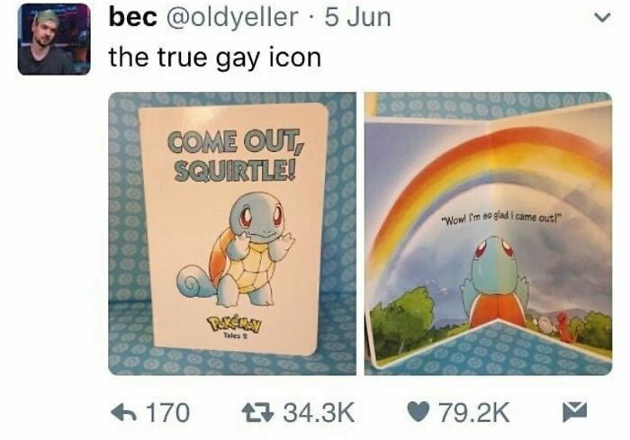 LGBTQ+ meme featuring Squirtle with the caption Come out, Squirtle and a rainbow background illustration.