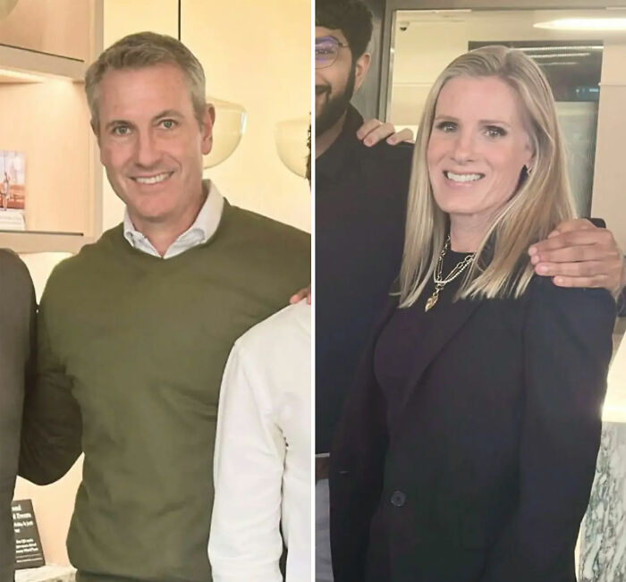 Two individuals smiling indoors, related to Chris Martin interrogates second couple viral cheating scandal Coldplay concert.