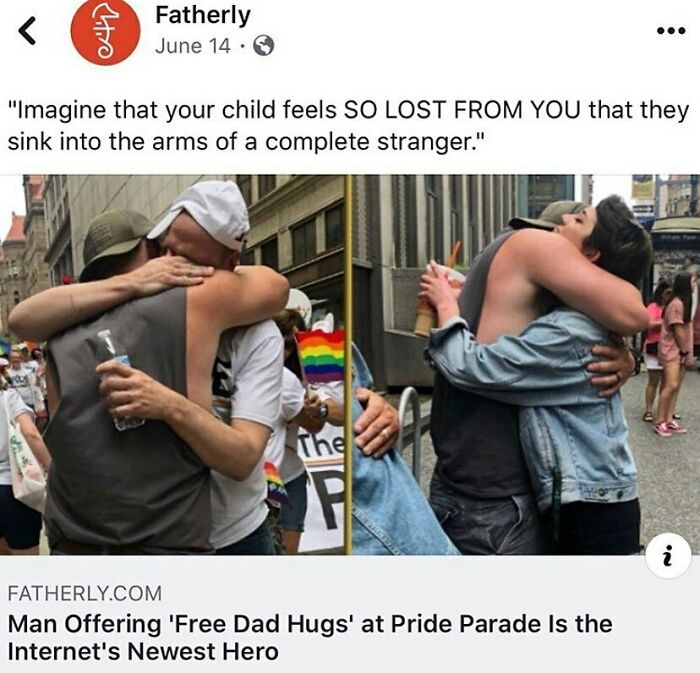 Two men hugging at a Pride parade, illustrating a touching moment shared in LGBTQ+ memes from a popular IG page.