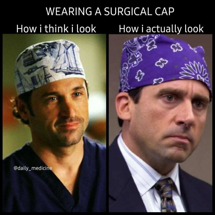 Side-by-side images of men wearing surgical caps showing humorous medical memes about healthcare and affordability.