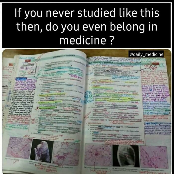 Open medical textbook filled with colorful handwritten notes and highlights illustrating medical memes about healthcare.