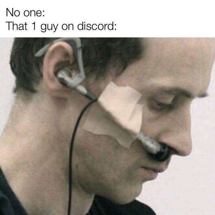Man wearing a headset with a nose piece taped on, representing funny and random memes about Discord users.