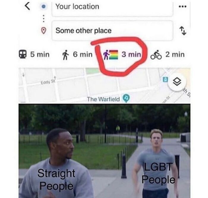Map showing walking times with a rainbow flag icon, paired with a meme contrasting straight people and LGBTQ+ people running.