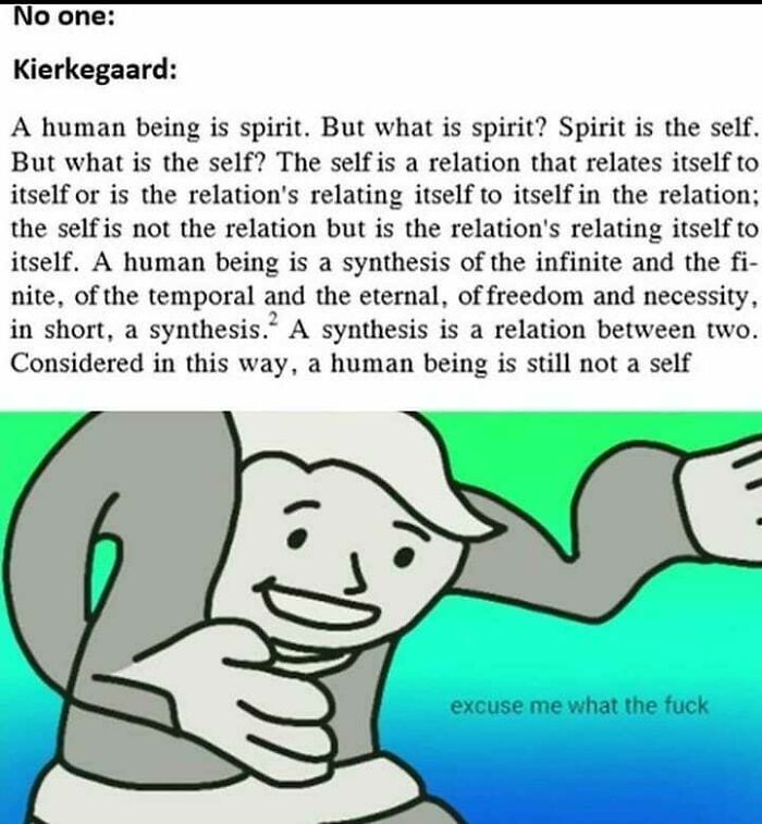 Philosophical meme showing Kierkegaard’s complex text with a confused cartoon figure saying excuse me what the f**k.