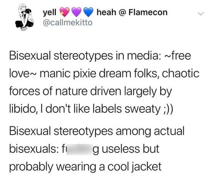 Screenshot of an LGBTQ+ meme tweet discussing bisexual stereotypes in media and among bisexual people on an IG page.