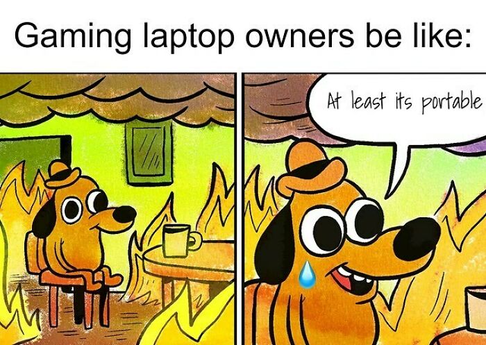 Cartoon dog sitting calmly in a burning room with text humor, showcasing funny and random memes about gaming laptop owners.