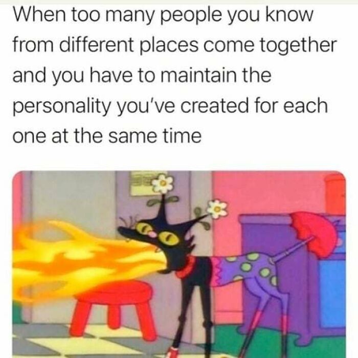 Cartoon dog breathing fire with text about maintaining multiple personalities, humorous philosophical memes concept.