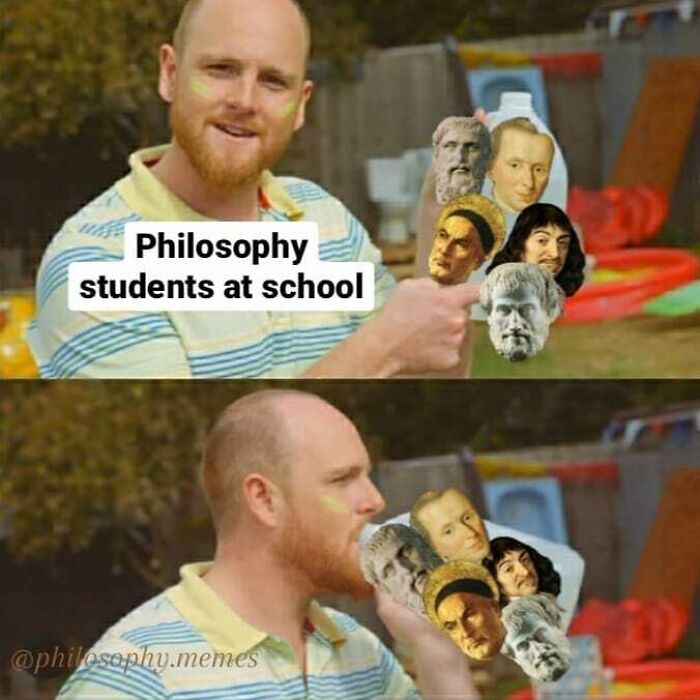 Man wearing striped shirt labeled philosophy students at school drinking milk shaped like famous philosophers in a meme about philosophical memes.