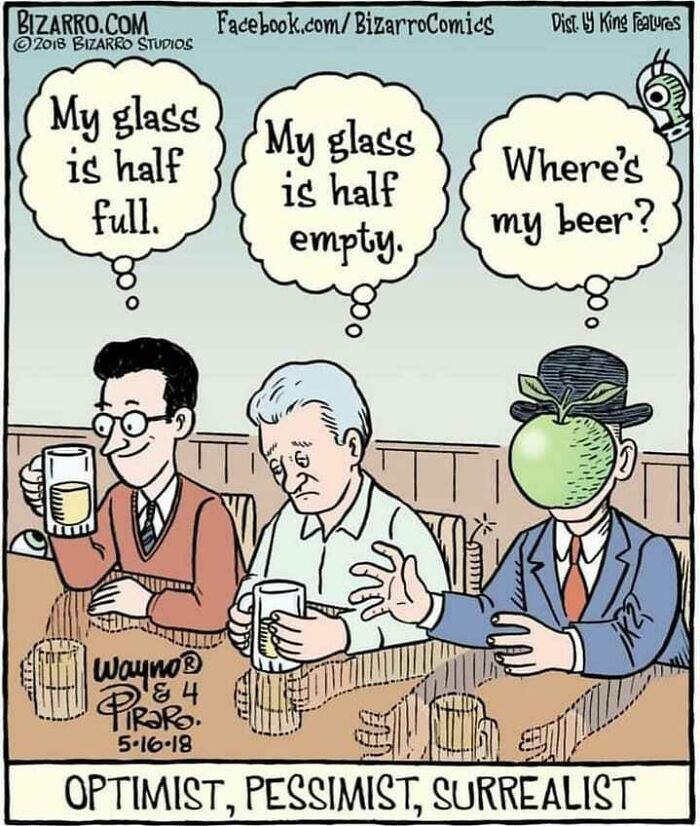Three men labeled optimist, pessimist, and surrealist share drinks in a philosophical memes cartoon about perspective and humor.