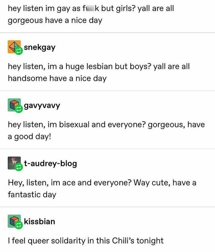 Text-based LGBTQ+ meme showing diverse queer identities expressing positivity and support on an LGBTQ+ memes Instagram page.