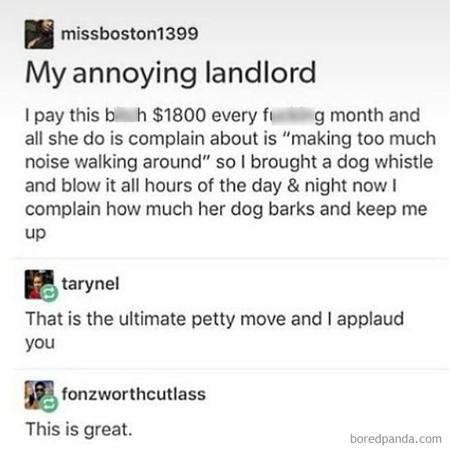 Screenshot of a social media post about an annoying landlord and a petty dog whistle revenge in totally true stories.