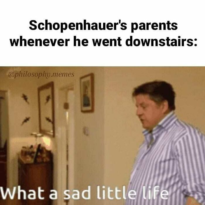 Man in striped shirt looking down a hallway with text referencing philosophical memes about Schopenhauer's parents.
