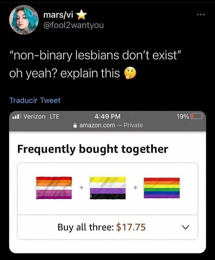 Screenshot of an LGBTQ+ meme showing pride flags frequently bought together on Amazon for $17.75.