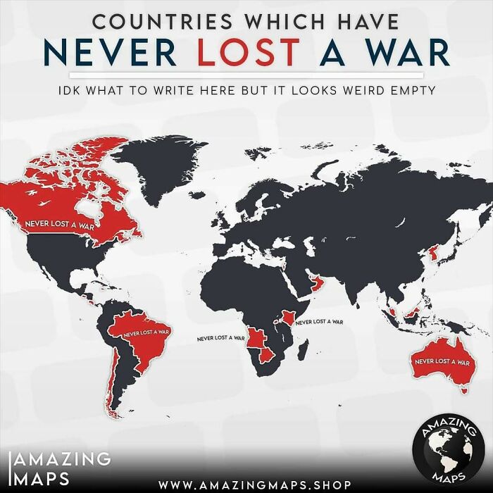 Map showing countries that have never lost a war, highlighting key regions in red with a focus on amazing maps insights.