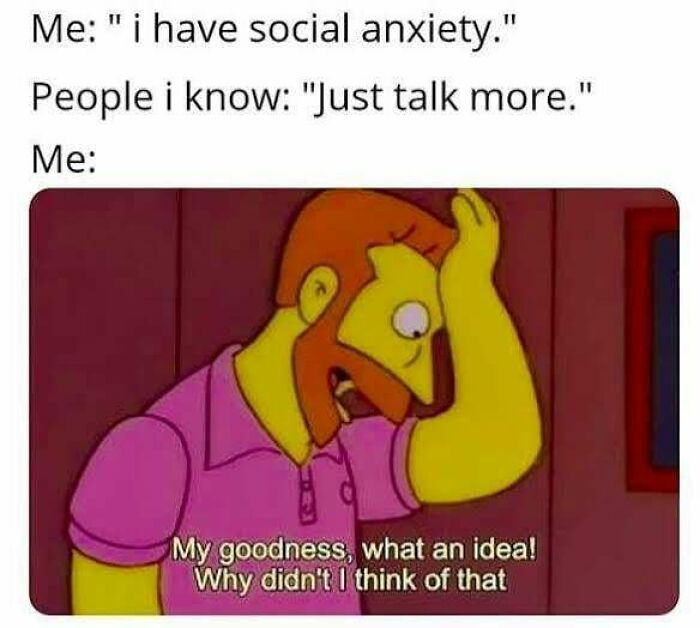 Cartoon character facepalming with text about social anxiety meme humor on dealing with social interactions.