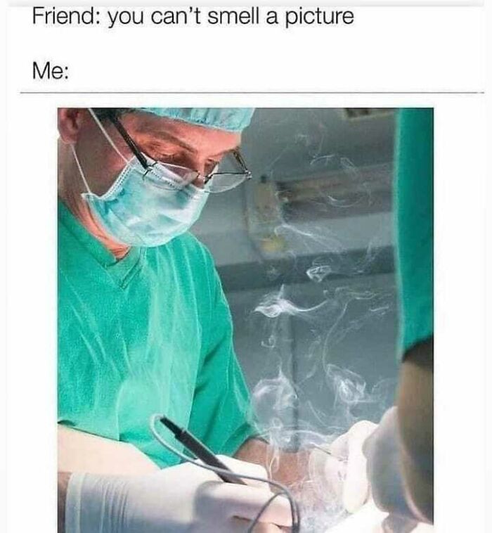 Surgeon in green scrubs and mask using surgical tools with smoke rising, illustrating medical memes about healthcare expenses.