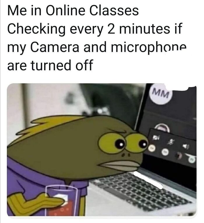 Cartoon fish nervously checking laptop settings, illustrating social anxiety memes about online class camera and microphone fears.