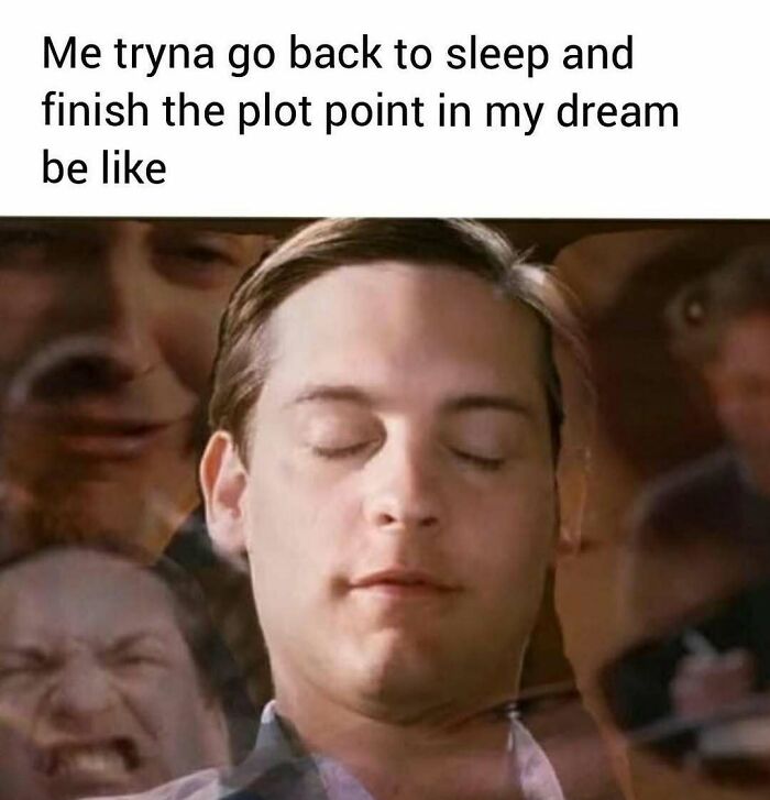 Man with closed eyes trying to go back to sleep to finish the plot point in a dream, funny and random memes concept.