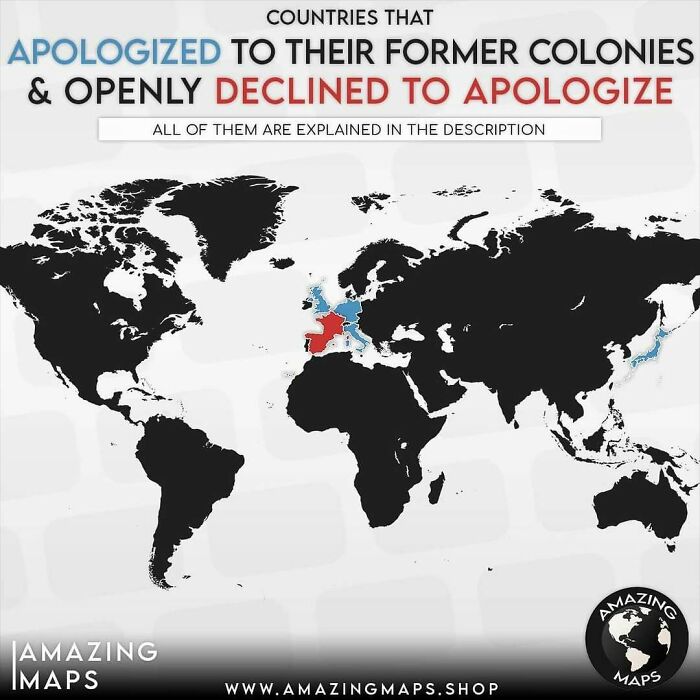 World map showing countries that apologized or declined to apologize to their former colonies, part of amazing maps.
