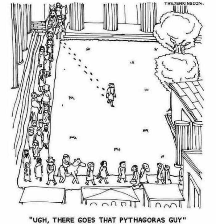 Philosophical meme depicting Pythagoras walking alone while others follow a structured path in a humorous illustration.