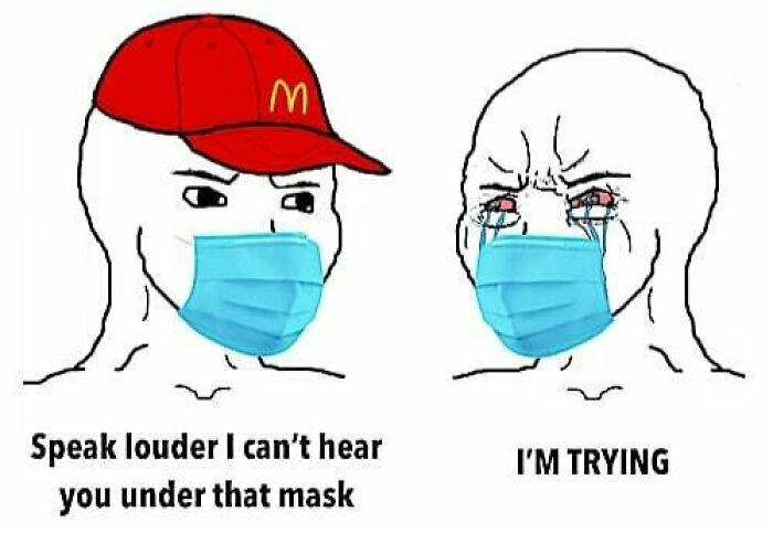 Two illustrated characters wearing masks, one with a McDonald's hat, showing an awkward social interaction meme about social anxiety memes.