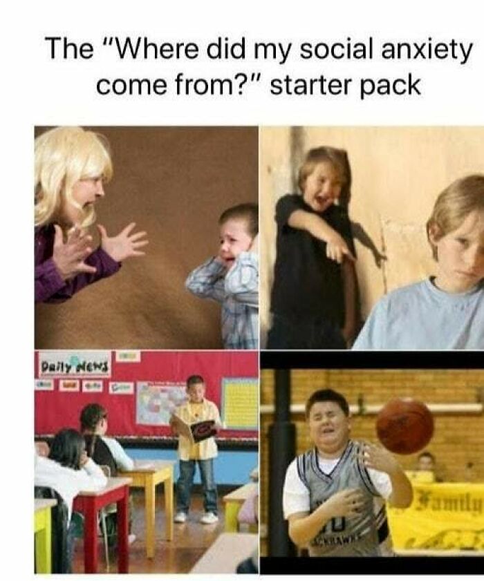 Child reacting fearfully to a woman, kids pointing and laughing, a nervous student presenting, and a boy missing a basketball shot social anxiety memes.
