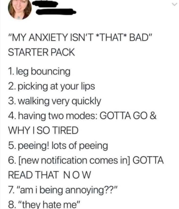 Social anxiety memes showing a starter pack list of common anxious behaviors like leg bouncing and overthinking messages.