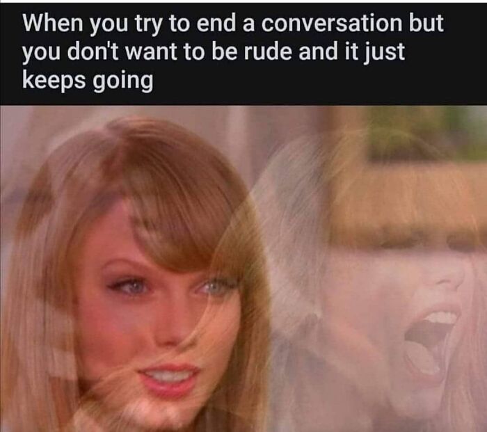 Woman with conflicted expression overlayed with a shouting face, illustrating social anxiety memes about awkward conversations.