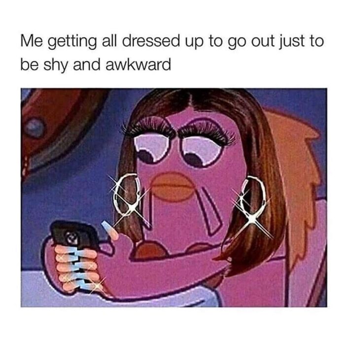 Cartoon character dressed up, looking shy and awkward while checking phone, representing social anxiety memes humor.