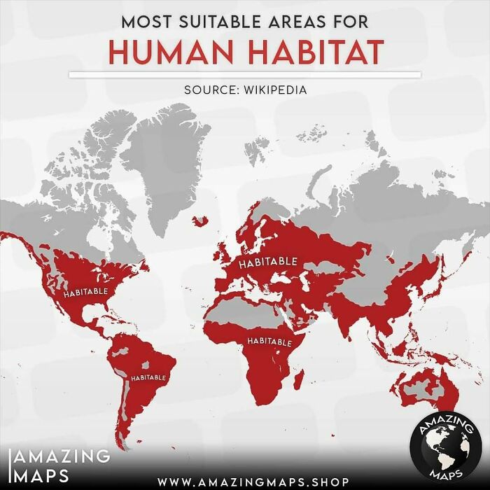 Map highlighting the most suitable habitable areas for human habitat across continents in an amazing maps style.