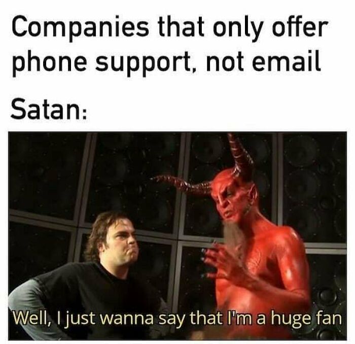 Meme about social anxiety featuring a frustrated person and a red devil character, highlighting phone support frustration.