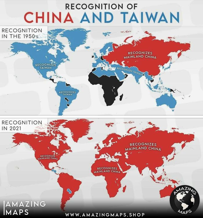 World map showing changes in countries recognizing China and Taiwan from the 1950s to 2021 – amazing maps infographic.