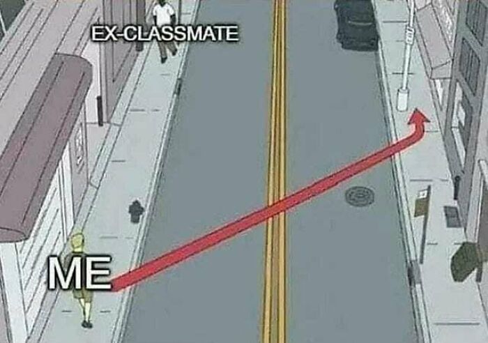 Person labeled ME taking a long detour on the street to avoid an EX-CLASSMATE in a social anxiety meme.