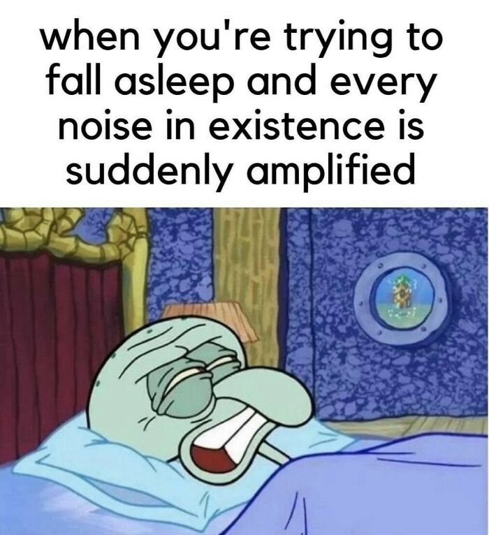 Squidward lying in bed wide-eyed, representing social anxiety memes about amplified noises when trying to fall asleep.