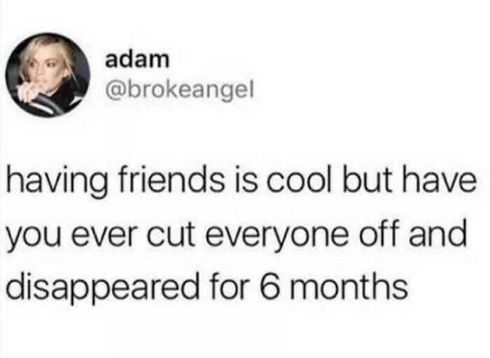 Social anxiety meme showing a tweet about cutting everyone off and disappearing for six months.