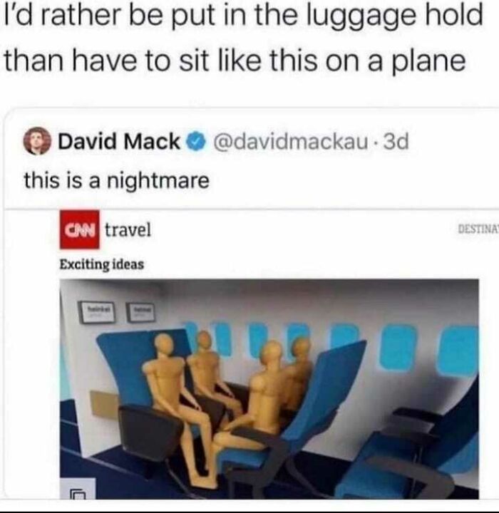 Social anxiety meme showing wooden figures sitting awkwardly on airplane seats in a cramped configuration.