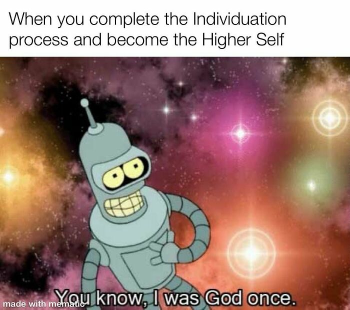 Philosophical meme featuring Bender from Futurama humorously referencing individuation and the higher self in a cosmic background.