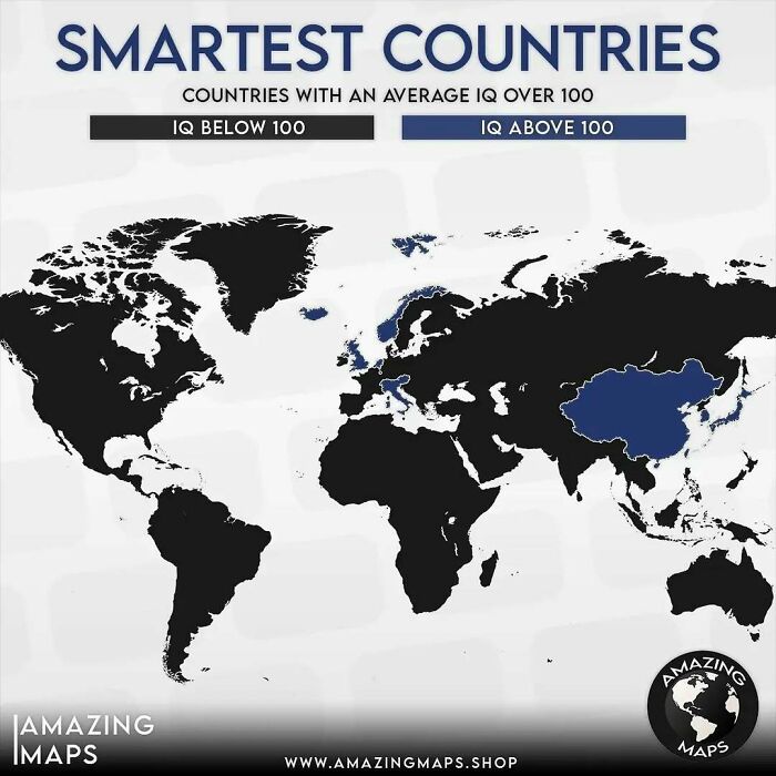 World map highlighting smartest countries with average IQ above 100 in blue, from Amazing Maps collection.