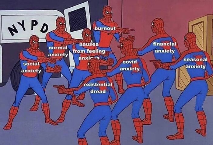 Multiple Spider-Man characters labeled with different types of anxiety pointing at each other, illustrating social anxiety memes.