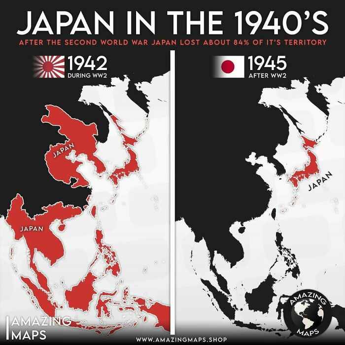 Map showing Japan's territory in the 1940s before and after World War II highlighting territorial changes.