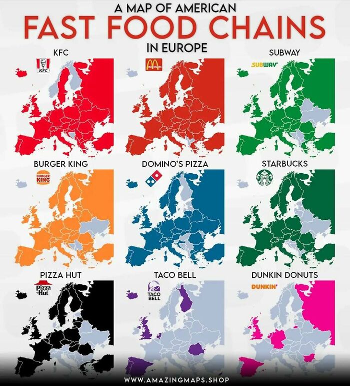 Maps showing the presence of major American fast food chains across European countries with color-coded regions.