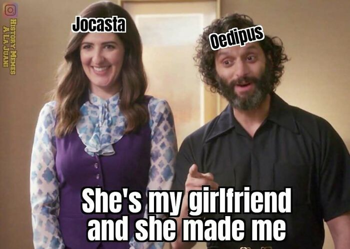 Two characters labeled Jocasta and Oedipus in a philosophical meme referencing classic Greek tragedy and identity themes.