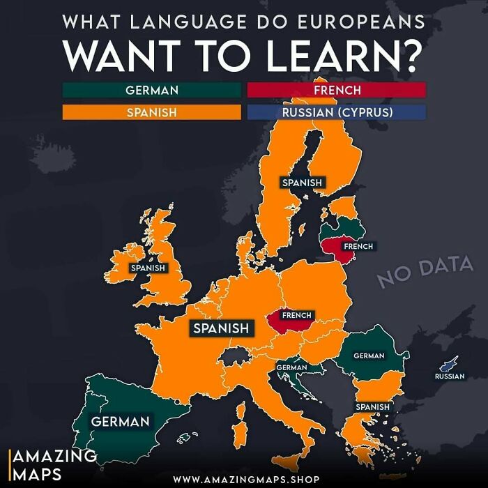 Map showing what language Europeans want to learn, highlighting Spanish, German, French, and Russian preferences.